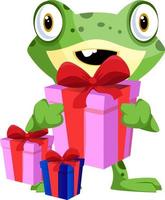 Mignon bébé grenouille transportant des cadeaux d'anniversaire, illustration, vecteur sur fond blanc.