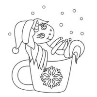 mignonne petite licorne dans une tasse décorée de flocon de neige. doodle illustration vectorielle dessinés à la main isolé sur blanc. contour noir. idéal pour le nouvel an, la conception de noël et les livres à colorier. vecteur