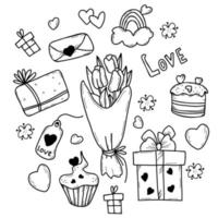 sertie de cadeaux mignons. beau bouquet de tulipes et coffret cadeau, coeur et lettre avec enveloppe, dessert sucré et arc-en-ciel. illustration vectorielle. contour, dessin à la main linéaire vecteur