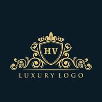 lettre hv logo avec bouclier d'or de luxe. modèle vectoriel de logo d'élégance.