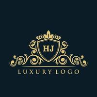 logo lettre hj avec bouclier d'or de luxe. modèle vectoriel de logo d'élégance.