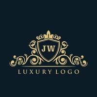 logo lettre jw avec bouclier d'or de luxe. modèle vectoriel de logo d'élégance.