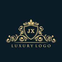 logo lettre jx avec bouclier d'or de luxe. modèle vectoriel de logo d'élégance.