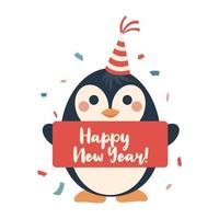 illustration de dessin animé de pingouin avec signe de bonne année. personnage de noël. hiver 2023 vecteur
