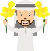 hommes arabes avec des fleurs jaunes, illustration, vecteur sur fond blanc.