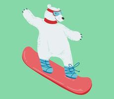 l'ours polaire blanc fait du snowboard. sport d'hiver. illustration vectorielle colorée dans un style plat mignon. conception d'illustration vectorielle. vecteur