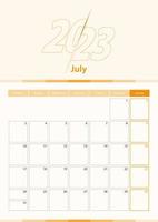 feuille de calendrier vertical vectoriel moderne pour juillet 2023, planificateur en anglais.
