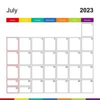 calendrier mural coloré de juillet 2023, la semaine commence le dimanche. vecteur