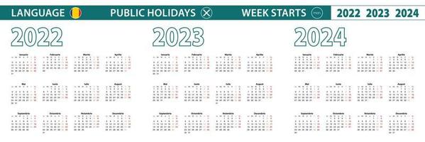 modèle de calendrier simple en roumain pour 2022, 2023, 2024 ans. la semaine commence à partir du lundi. vecteur