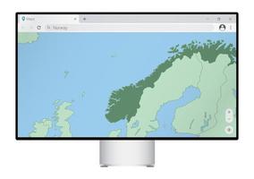 écran d'ordinateur avec carte de la norvège dans le navigateur, recherchez le pays de la norvège sur le programme de cartographie Web. vecteur