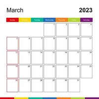 calendrier mural coloré de mars 2023, la semaine commence le dimanche. vecteur