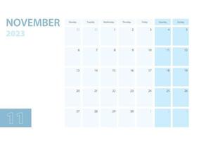 modèle de calendrier pour novembre 2023, la semaine commence le lundi. le calendrier est dans une palette de couleurs bleues. vecteur