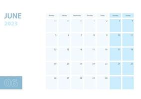 modèle de calendrier pour juin 2023, la semaine commence le lundi. le calendrier est dans une palette de couleurs bleues. vecteur