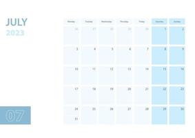 modèle de calendrier pour juillet 2023, la semaine commence le lundi. le calendrier est dans une palette de couleurs bleues. vecteur