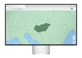 écran d'ordinateur avec carte de la hongrie dans le navigateur, recherchez le pays de la hongrie sur le programme de cartographie Web. vecteur