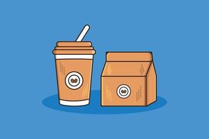 sac de papier de café de livraison avec illustration d'icône de vecteur de tasse de café chaud. concept de conception d'icône d'objet de nourriture et de boisson. petit déjeuner heureux, objets de boisson, café chaud, livraison de café, icône de haricots, sac en papier.