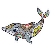 Arts de mandala dessin animé dauphin coloré isolé sur fond blanc vecteur