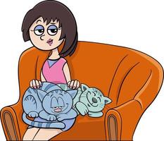 femme avec ses chats sur l'illustration de dessin animé de fauteuil vecteur