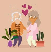 vieux couple avec des plantes en pot et coeurs vecteur
