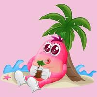 mignon monstre rose boire de l'eau de noix de coco sous le palmier en été vecteur