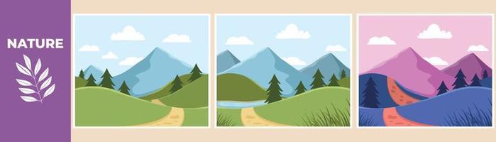 paysage de montagne avec collines verdoyantes, route sablonneuse, lac, forêt verte et vallée naturelle. concept de jeu de paysage de montagne. illustration de vecteur graphique plat coloré isolé.