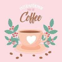 journée internationale du café. boisson, graines et feuilles fraîches vecteur