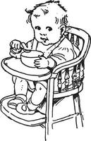 bébé mangeant dans un bol sur sa chaise haute sur cette photo, gravure vintage. vecteur