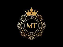 lettre mt logo victorien de luxe royal antique avec cadre ornemental. vecteur