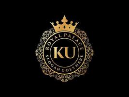 lettre ku logo victorien de luxe royal antique avec cadre ornemental. vecteur