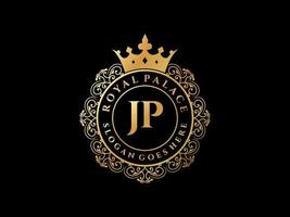 lettre jp logo victorien de luxe royal antique avec cadre ornemental. vecteur