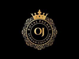 lettre oj logo victorien de luxe royal antique avec cadre ornemental. vecteur