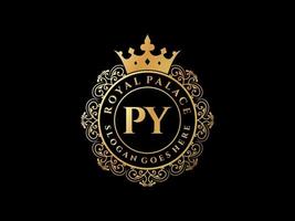 lettre py logo victorien de luxe royal antique avec cadre ornemental. vecteur