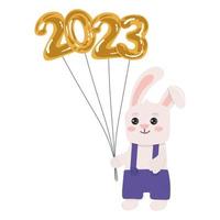 illustration de lapin mignon avec des ballons dorés 2023 isolés sur fond blanc. illustration pour affiches, cartes de voeux et design saisonnier. vecteur