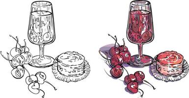 un verre avec un cocktail de cerises et un gâteau. dessin vectoriel noir et blanc et couleur. pour le coloriage et les illustrations. pour les menus des bars, cafés, restaurants et pubs