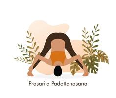 jeune femme en pose de yoga. prasarita padottanasana. fille faisant du pilates ou des exercices sur fond de nature abstraite. pratique physique et spirituelle. illustration vectorielle. vecteur