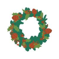 couronne de porte de noël isolée sur fond blanc, décoration de vacances d'hiver. décor de branches de sapin, feuilles de houx, pommes de pin. illustration vectorielle vecteur