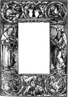 la frontière religieuse a des connotations religieuses avec un homme barbu de chaque côté avec un halo et un ange dans le coin supérieur gauche lisant une gravure vintage. vecteur