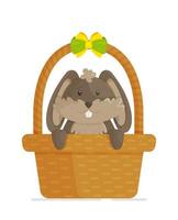 un lapin heureux assis dans un panier. illustration vectorielle d'un lapin de Pâques. un voyage à l'église. Pâques 2022. vecteur