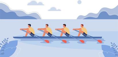quatre athlètes nagent sur un bateau. le concept des compétitions d'aviron. illustration vectorielle, style cartoon. vecteur