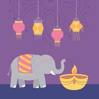 joyeux festival de diwali. éléphant, lampe diya et lanternes vecteur