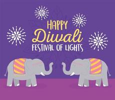 joyeux festival de diwali. carte éléphants et fleurs vecteur