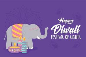 joyeux festival de diwali. éléphant, lampe diya et bougies vecteur