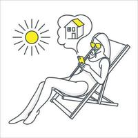 fille allongée sous le soleil avec une icône de contour de téléphone ou une illustration web vecteur