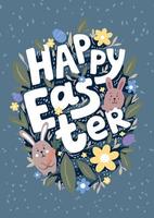 carte postale de joyeuses pâques. illustration plate avec des lapins de pâques, des fleurs et des oeufs. vecteur