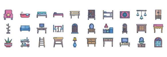 collection d'icônes liées au mobilier et à la décoration intérieure, y compris des icônes comme un fauteuil, une baignoire, un lit, un banc et plus encore. illustrations vectorielles, ensemble parfait de pixels vecteur