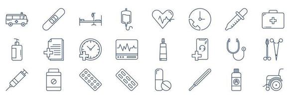 collection d'icônes liées à l'hôpital et à la médecine, y compris des icônes comme l'ambulance, le lit, le sang, la trousse de premiers soins et plus encore. illustrations vectorielles, ensemble parfait de pixels vecteur