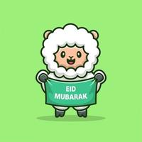 mouton mignon tenant la bannière eid mubarak cartoon vector icon illustration. concept d'icône de religion animale isolé vecteur premium. style de dessin animé plat