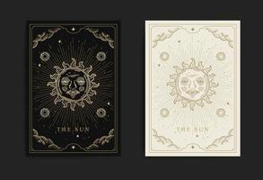 la carte de tarot du soleil avec gravure, dessinée à la main, luxe, ésotérique, style bohème, digne du paranormal, lecteur de tarot, astrologue ou tatouage vecteur