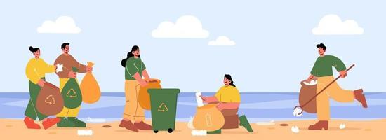 les gens ramassent les ordures sur la plage, les bénévoles travaillent vecteur