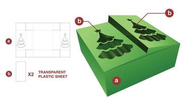 Boîte à 2 rabats avec fenêtres en forme d'arbre de noël et modèle de découpe en feuille de plastique transparent et maquette 3d vecteur